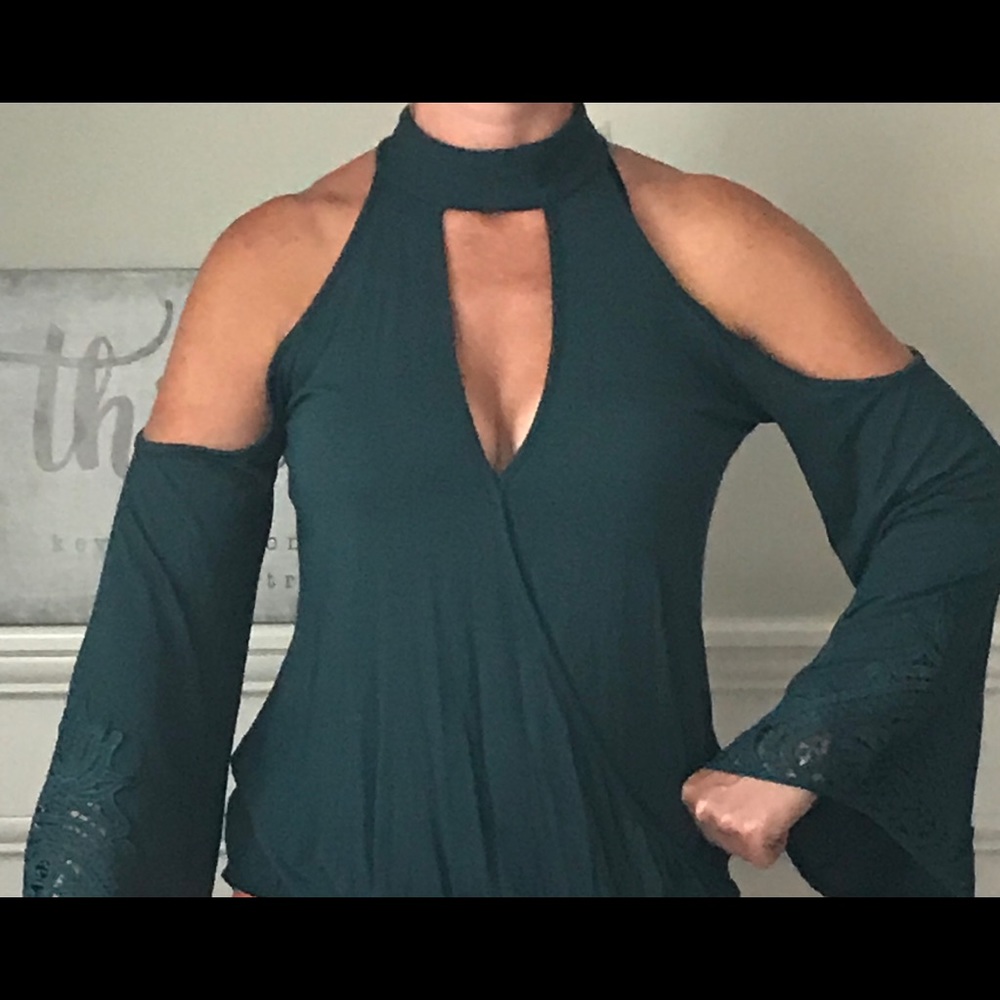 Venus cold shoulder top with embroidered sleeves